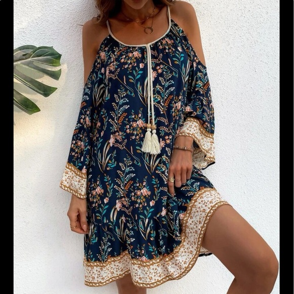 Boho Gypsy Floral Print Cold Off Drop Shoulder Tassel Dress - Picture 7 of 7